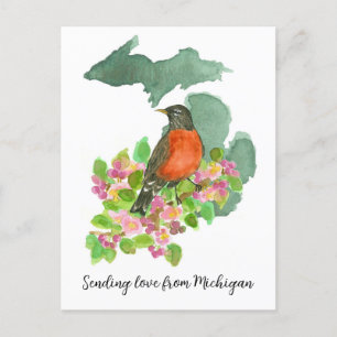 Carte Postale Envoi d'amour Michigan American Robin Flowers