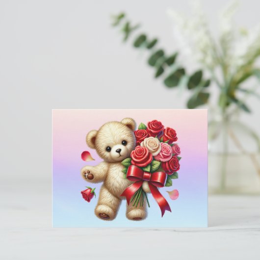 Carte Postale Envoi de fleurs d'ours en peluche (Debout devant)