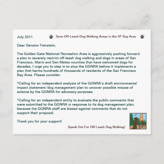 Carte Postale Épargner la marche des chiens de laisse Sénateur F (Devant)