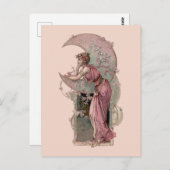 Carte Postale Époque victorienne Art Nouveau Femme & Crescent Mo (Devant / Derrière)