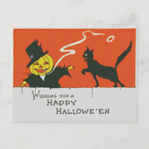 Carte Postale Épouvantail fumeur Citrouille Chat Noir