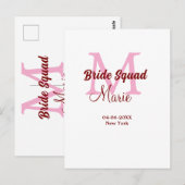 Carte Postale Équipe de mariée ajoutez nom monogramme demoiselle (Devant / Derrière)