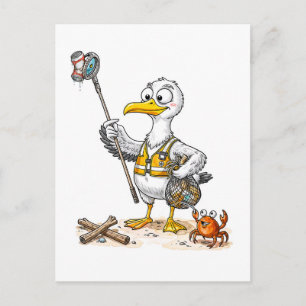 Carte Postale Équipe de nettoyage de la plage de Comic Bird