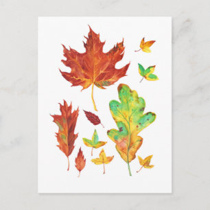 Carte Postale Érable rouge et feuilles de chêne doré aquarelle