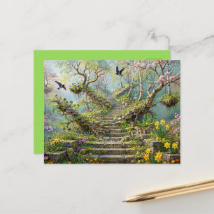Carte Postale Escalier surréaliste de printemps qui avale des fl
