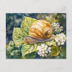Carte Postale Escargot sur bois de pin peinture aquarelle