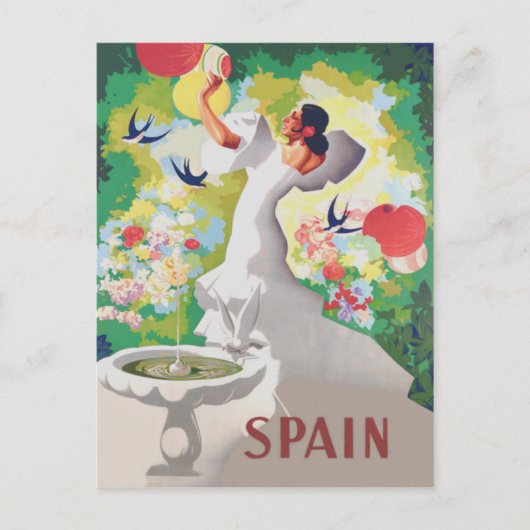 Carte Postale Espagne Senorita Oiseaux Fleurs Fiesta Garden (Devant)