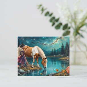 Carte Postale Esprit de femme et cheval Palomino à l'eau