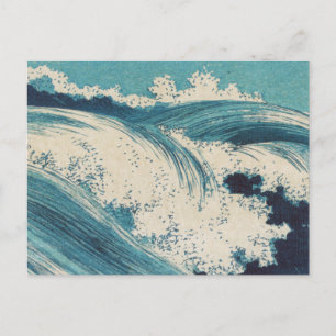 Carte Postale Estampe antique japonaise sur bois Vagues bleues d