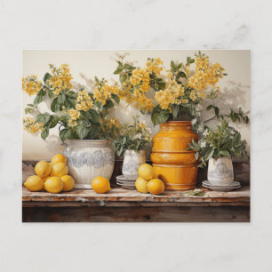 Carte Postale Étagère de cuisine jaune Citrons Pot jaune Fleurs