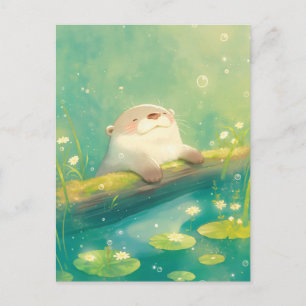Carte Postale Étang de loutre aquarelle joyeuse lis