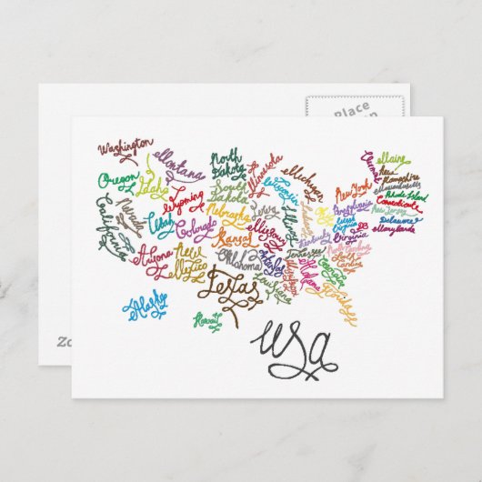 Carte Postale États-Unis d'Amérique Script Text Map (Devant / Derrière)