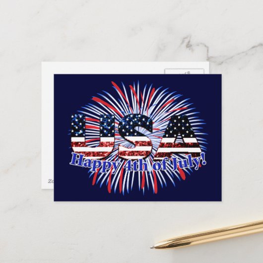 Carte Postale Etats-Unis drapeau texte parties scintillant feux  (Devant/Arrière en situation)