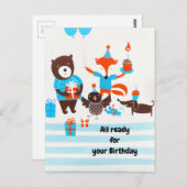 Carte Postale Été Forêt Bleue Bois Animaux Aquarelle (Devant / Derrière)