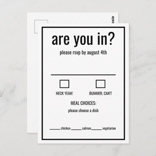 Carte Postale Êtes-vous dans drôle rsvp noir et blanc minimal (Devant / Derrière)
