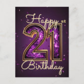Carte Postale Étincelant Glamour Violet et Or 21e Anniversaire (Devant)