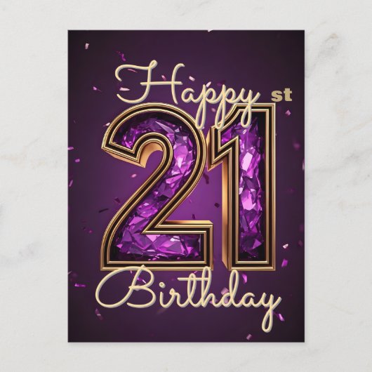 Carte Postale Étincelant Glamour Violet et Or 21e Anniversaire (Devant)