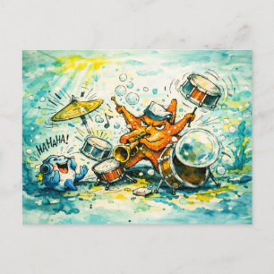 Carte Postale Étoile de mer jouant de la batterie et de la tromp