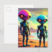 Carte Postale Étranges Aliens Robots Métalliques de l'Espace (Devant / Derrière)