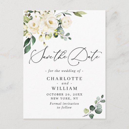 Carte Postale Eucalyptus Blanc Roses Mariage Enregistrer la date (Devant)