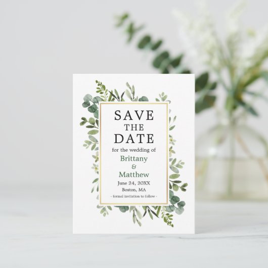 Carte Postale Eucalyptus Botanical Green Enregistrer La Date (Debout devant)