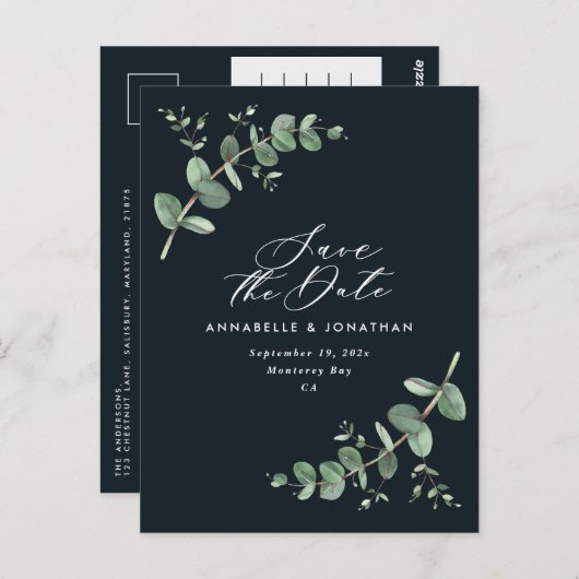 Carte Postale Eucalyptus élégant mariage noir enregistrer la dat (Devant / Derrière)