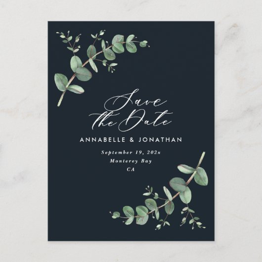 Carte Postale Eucalyptus élégant mariage noir enregistrer la dat (Devant)