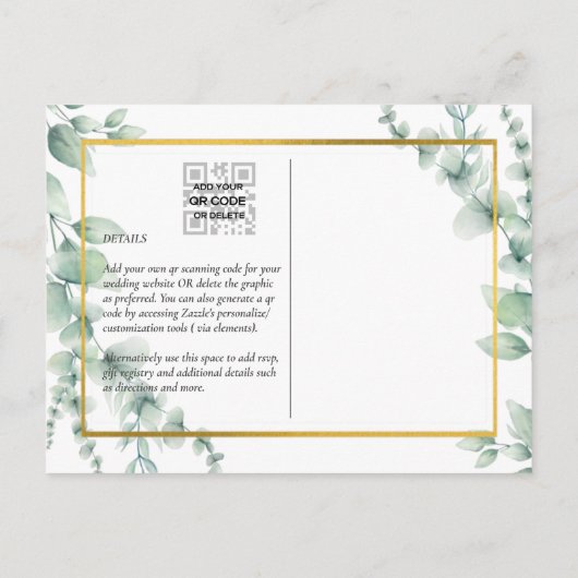 Carte Postale Eucalyptus Feuille MARIAGE vert OR QR CODE (Dos)