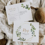 Carte Postale Eucalyptus géométrique vert Rsvp<br><div class="desc">Conçue pour s'harmoniser avec notre collection Mixed Greenery mariage,  cette carte RSVP personnalisable présente un cadre géométrique doré orné d'aquarelles vert feuillage avec du texte doré et gris. Pour effectuer des modifications avancées,  accédez à l'option "Cliquez pour customiser plus loin" sous Personnaliser ce modèle.</div>