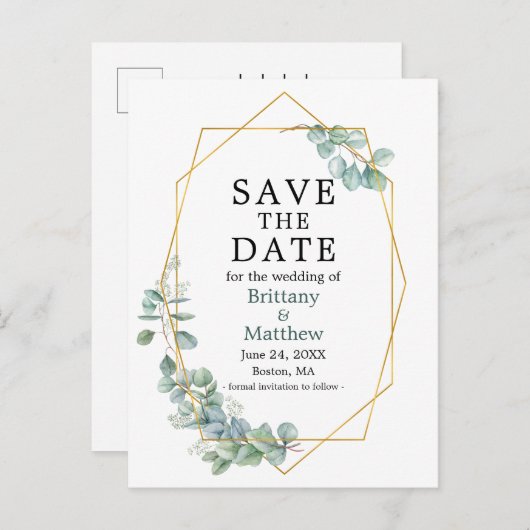 Carte Postale Eucalyptus Green Cadre Geo Enregistrer La Date (Devant / Derrière)