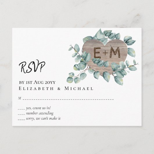 Carte Postale Eucalyptus Mariage - Aquarelle Verdure Monogramme (Devant)