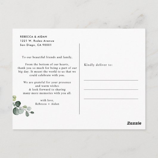 Carte Postale Eucalyptus Merci Mariage Or Vert (Dos)