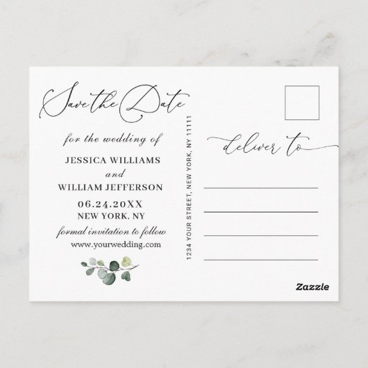 Carte Postale Eucalyptus Roses Blanches Boho Mariage Enregistrer (Dos)