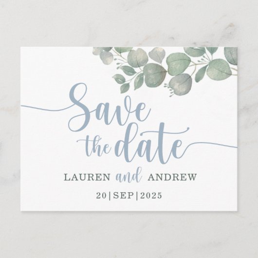 Carte Postale Eucalyptus rustique Dusty bleu mariage Enregistrer (Devant)