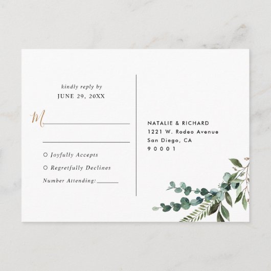 Carte Postale Eucalyptus Rustique Verdure Mariage d'or RSVP (Dos)