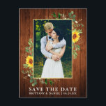 Carte Postale Eucalyptus Tournesol Bois Enregistrer La Date<br><div class="desc">Aquarelle moderne Eucalyptus Vert Tournesols Cadre Enregistrer La Date Photo Fiançailles Carte Postale - Cadre Or,  Bois rustique Du Pays</div>