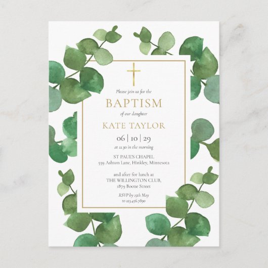 Carte Postale Eucalyptus Verdure Baptême Christening Invitation (Devant)