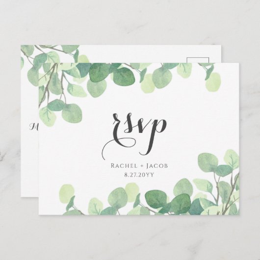 Carte Postale Eucalyptus Verdure Moderne Script Mariage RSVP (Devant / Derrière)
