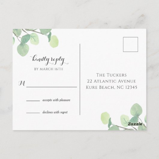 Carte Postale Eucalyptus Verdure Moderne Script Mariage RSVP (Dos)