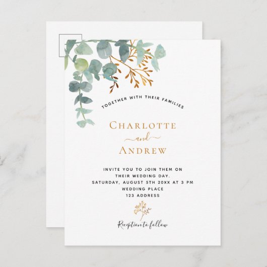 Carte Postale Eucalyptus verdure or simple mariage élégant (Devant / Derrière)