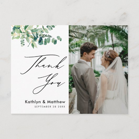 Carte Postale Eucalyptus Verdure Script Photo Mariage Merci (Devant)