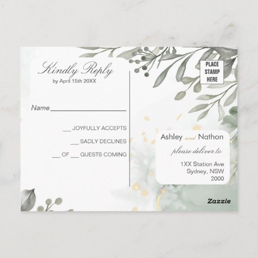 Carte Postale Eucalyptus vert & or aquarelle Mariage (Dos)