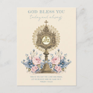 Carte Postale Eucharistie catholique Jésus Bleu Floral