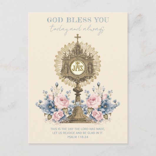 Carte Postale Eucharistie catholique Jésus Floral Bleu (Devant)