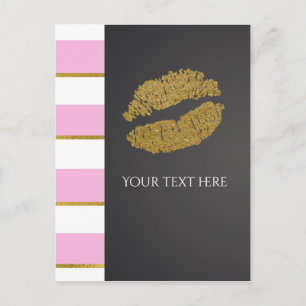 Carte Postale Événement Lèvres Strass Doré Faux Rayure Rose & Bl