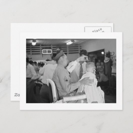 Carte Postale Expérience de barbier père fils années 1940 (Devant / Derrière)