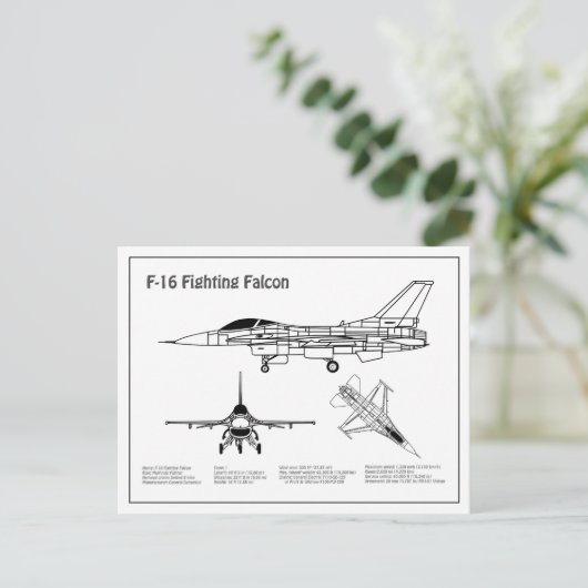 Carte Postale F-16 Faucon de combat - Plan directeur de l'avion (Debout devant)