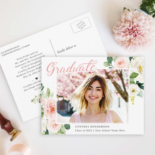 Carte Postale Faire annonce de remise de diplôme florale rose te