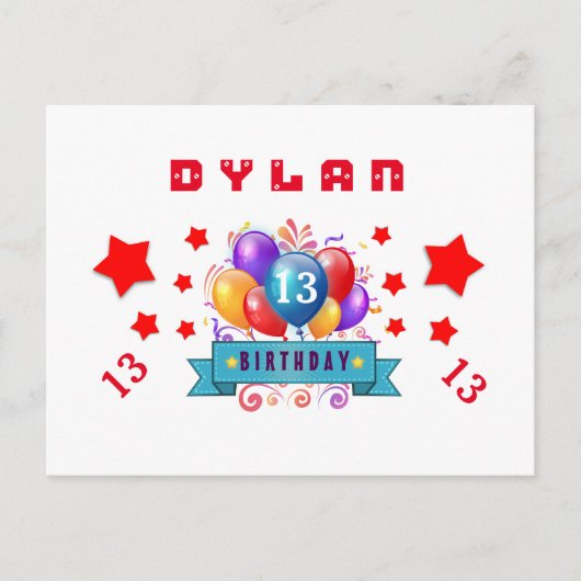 Carte Postale Faire-part 13e date de sauvegarde Balloons et étoiles d'anniv (Devant)