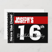 Carte Postale Faire-part 16e anniversaire moderne Enregistrer la date Rouge (Devant / Derrière)